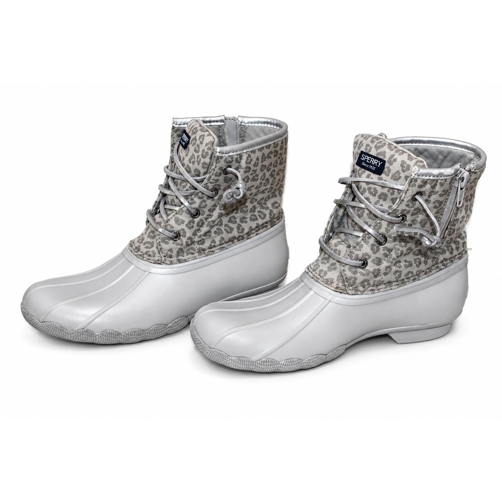 Sperry Saltwater Leopard Print Duck Boots Women 5M Grey Silver STK165606